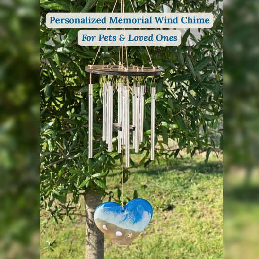 Personalized Memorial Wind Chime With Ocean Wave Resin Heart Windcatcher