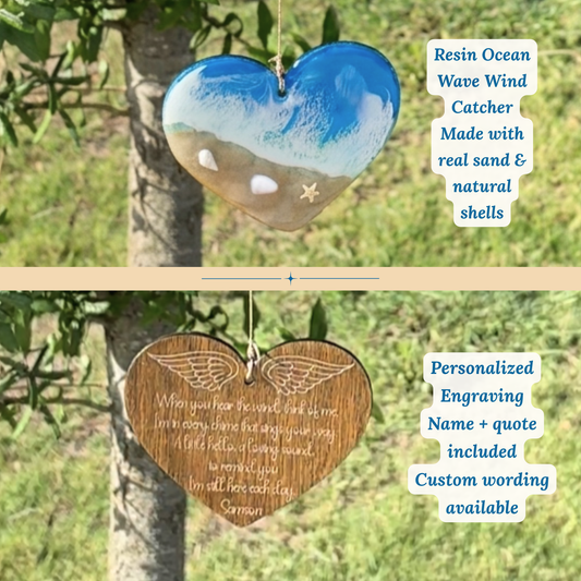 Personalized Memorial Wind Chime With Ocean Wave Resin Heart Windcatcher